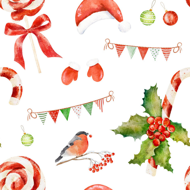 Akvarell karácsonyi minta karácsonyi kalap, cukornád, bullpinch, magyal és egyéb elemek elszigetelt fehér háttérrel. Kézzel rajzolt akvarell illusztráció. - Fotó, kép