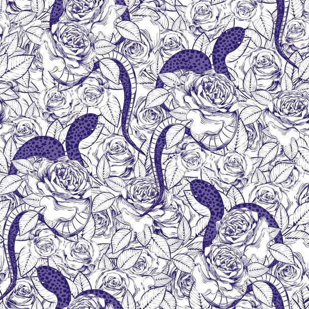 Roses and snakes seamless pattern. Vintage tattoo print. - Vector, Image
