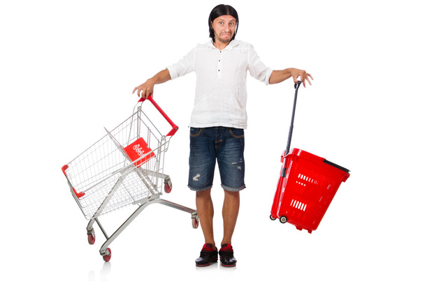 Man shopping with supermarket basket cart isolated on white - 写真・画像
