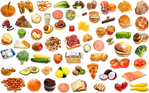 Collage de alimentos al azar aislado sobre blanco
 - Foto, Imagen