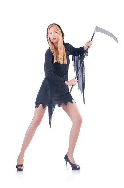 Young witch with scythe isolated on white - Фото, зображення