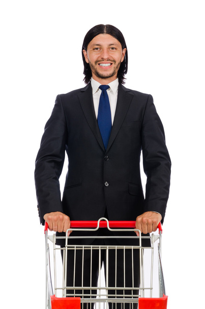 Homme shopping avec panier de supermarché panier isolé sur blanc - Photo, image