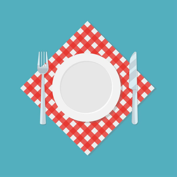 Пустая тарелка, вилка и нож на красной проверенной ткани или салфетке. Шаблон логотипа ресторана или кафе. Жду иконку с едой. Векторная иллюстрация - Вектор,изображение