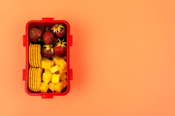ökoműanyagból készült uzsonnás doboz ízletes és egészséges ételek színes alapon történő tárolására és szállítására, szöveges szöveggel. Kielégítő éhség. - Fotó, kép