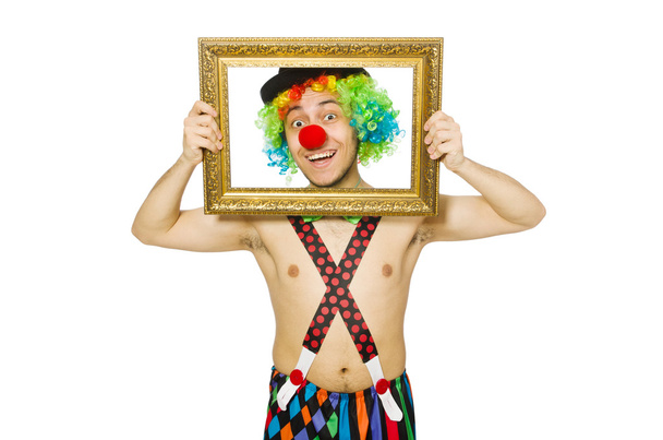 Clown mit Bilderrahmen isoliert auf weiß - Foto, Bild