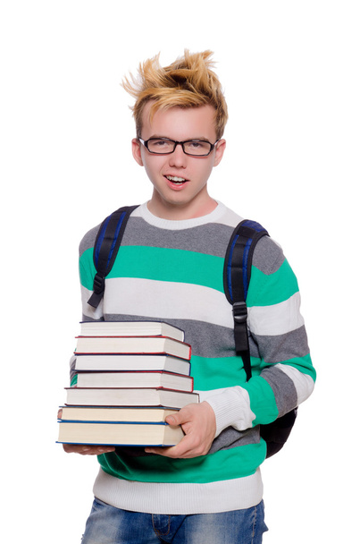 Grappige student met stapel boeken - Foto, afbeelding