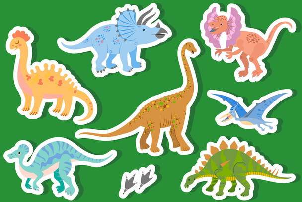 Egy sor aranyos dinoszaurusz a vektorban. Jurassic Reptile Matricák Brachiosaurus, Dilophosaurus, Triceratops, Stegosaurus, Pterodactyl, Amargasaurus, Corytosaurus. Rajzolt dinoszauruszok gyűjteménye. - Vektor, kép