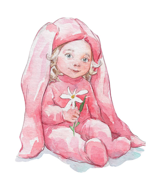 kid in a pink rabbit pajama isolated watercolor art - Photo, Image