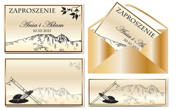Um convite de casamento no estilo highlander apresentando as Montanhas Tatra polonesas, montanhas polonesas. Gráficos feitos em tons de branco e ouro - Vetor, Imagem