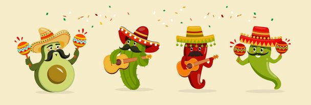 Set with cinco de mayo characters singing and playing the guitar on yellow background - Vektori, kuva