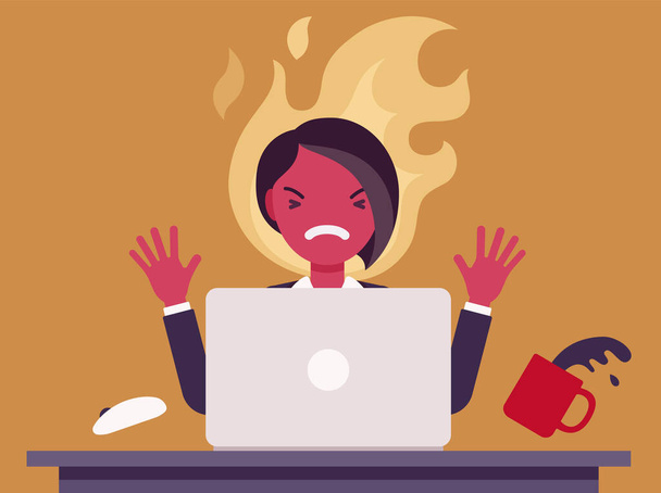 Geschäftsfrau, die mit Laptop arbeitet, entflammte vor Wut - Vektor, Bild