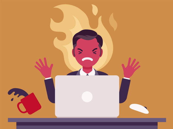 Geschäftsmann, der mit Laptop arbeitet, flammte vor Wut auf - Vektor, Bild
