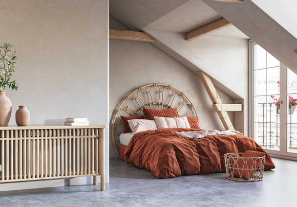 Уютный интерьер спальни на чердаке, 3d рендеринг - Фото, изображение