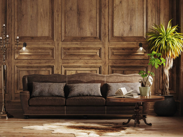 木製パネル壁、茶色のソファと花、 3Dレンダリングと暗い居心地の良いインテリア - 写真・画像