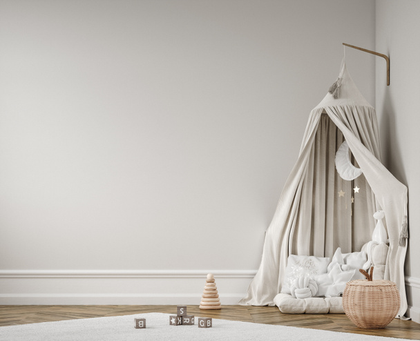 Wall mockup in children room, Scandi-Boho style interior in neutral colors, 3D render - Photo, Image