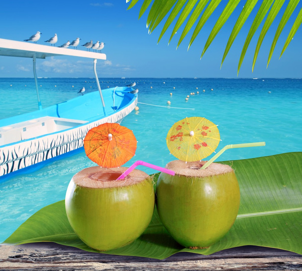 Coconuts straw cocktails in tropical caribbean beach - Fotoğraf, Görsel