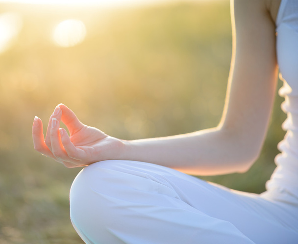 jonge mooie vrouw praktijken yoga op de zonnige weide - Foto, afbeelding