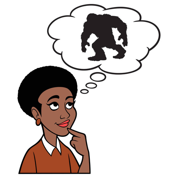Femme pensant à Bigfoot - Une illustration de dessin animé d'une femme pensant à la possibilité d'une créature des bois comme Bigfoot. - Vecteur, image