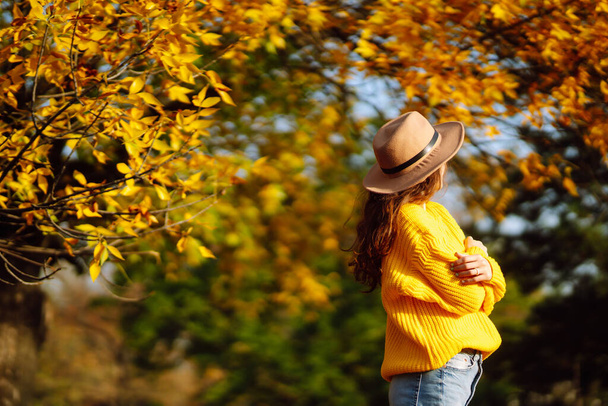 Stylish woman walking on park, wearing yellow sweater  and cute trendy hat. Fashion, style concept. People, relaxation and vacations concept. - Foto, immagini