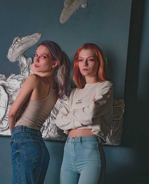 twins sisters in jeans in a photo studio - Zdjęcie, obraz