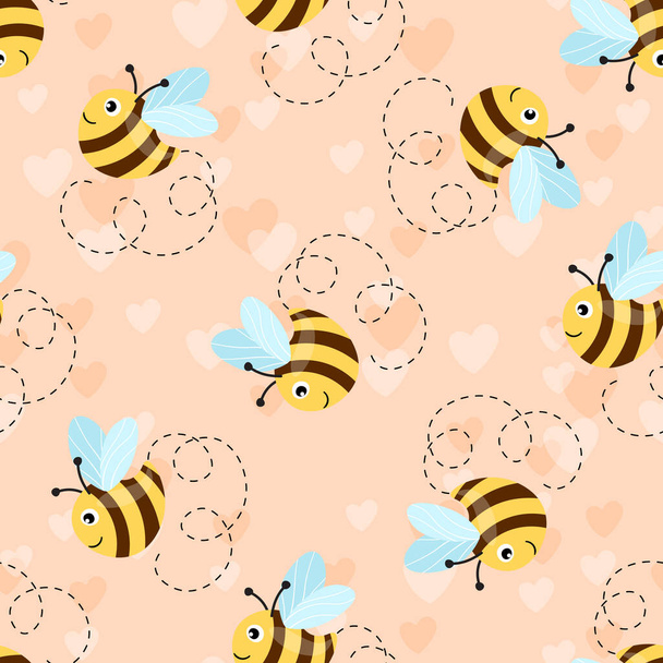 Seamless pattern with bees and hearts on color background. Small wasp. Vector illustration. Adorable cartoon character. Template design for invitation, cards, textile, fabric. Doodle style. - Vektor, obrázek