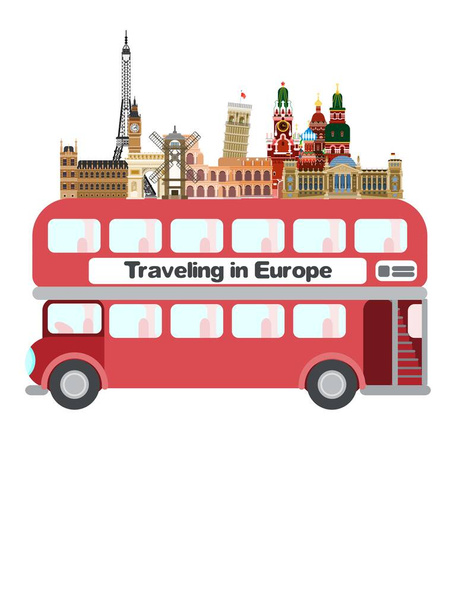 podróżować europejskim autobusem londyńskim. płaski styl obraz obraz nowy napis - Zdjęcie, obraz