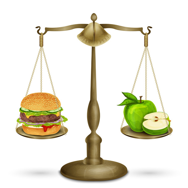 Hamburger and apple on scales - Vektori, kuva