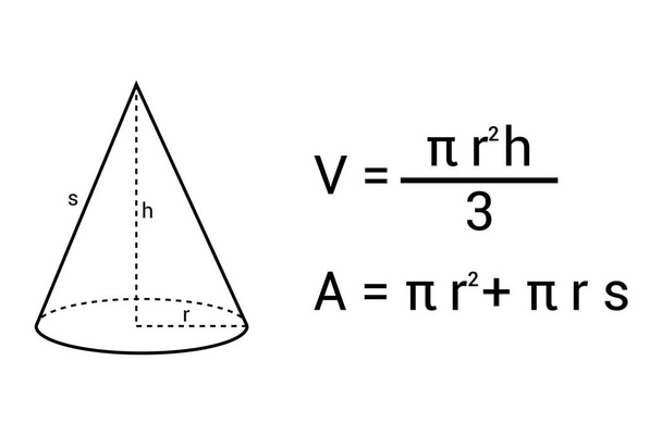 oppervlakte en volume van een rechte cirkelkegel - Vector, afbeelding