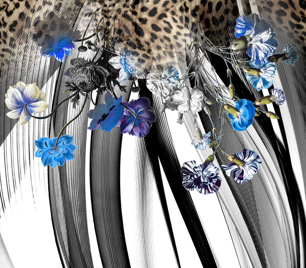 Poppy flowers with geometric background and leopard texture - Valokuva, kuva