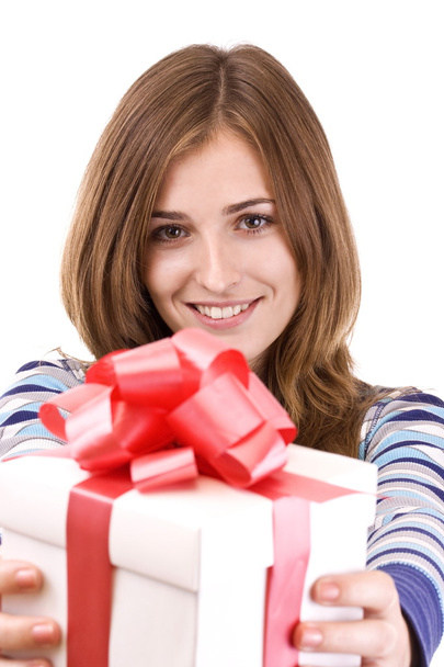 Girl holding a gift - Фото, изображение