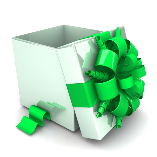 Opened gift box, with a green ribbon like a present. - Фото, изображение