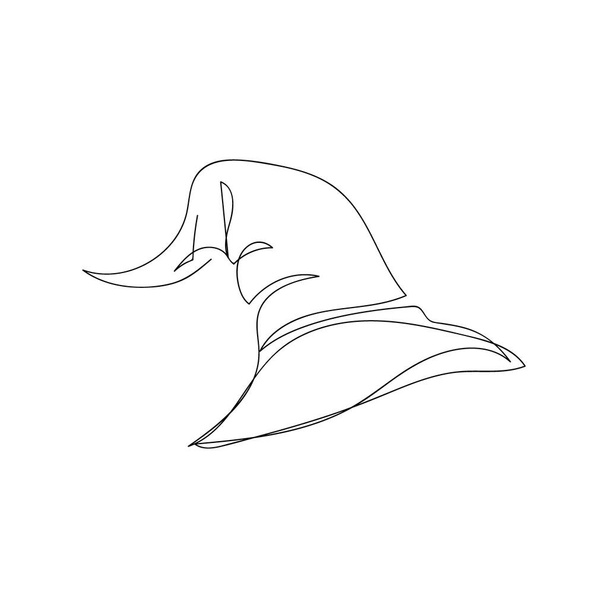 Witcher hat one line art. Continuous line drawing of halloween theme, autumn mood, horrible, magic attribute, halloween costume, spell. - Vector, Image