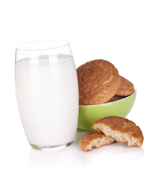 Glass of milk and cookies bowl - Photo, Image