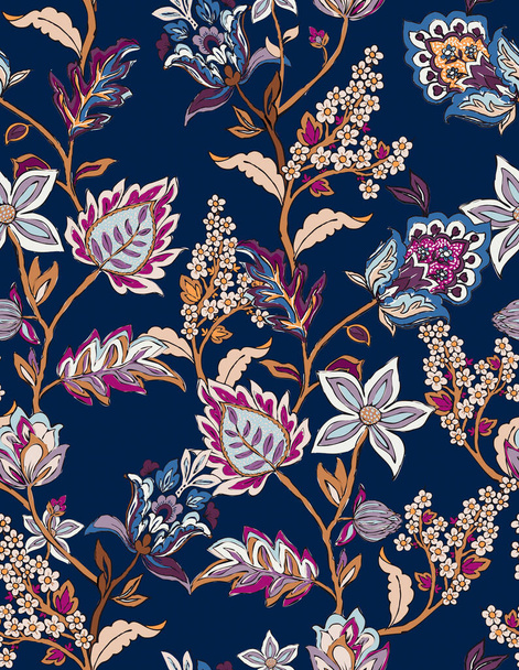 Kleurrijke Aziatische stijl bloemmotief. Marine achtergrond bloementapijt. paisley patroon met traditionele indiaanse stijl, design voor decoratie en textiel - Foto, afbeelding