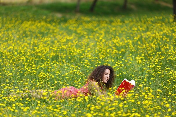 かわいい若い女性読んで横たわっている巻き毛を持つ - 写真・画像