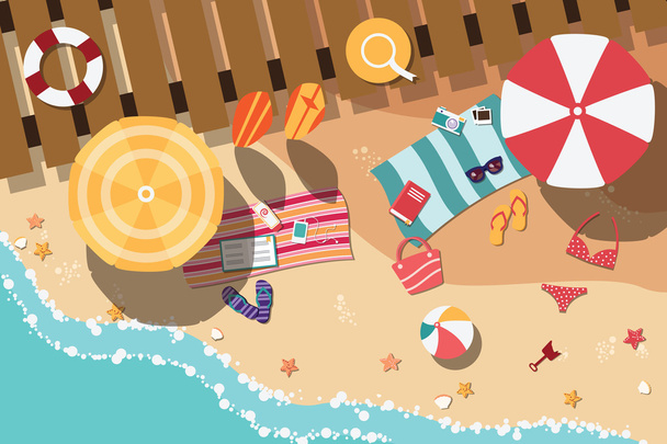 Praia de verão em design plano, lado do mar e itens de praia, ilustração vetorial
 - Vetor, Imagem