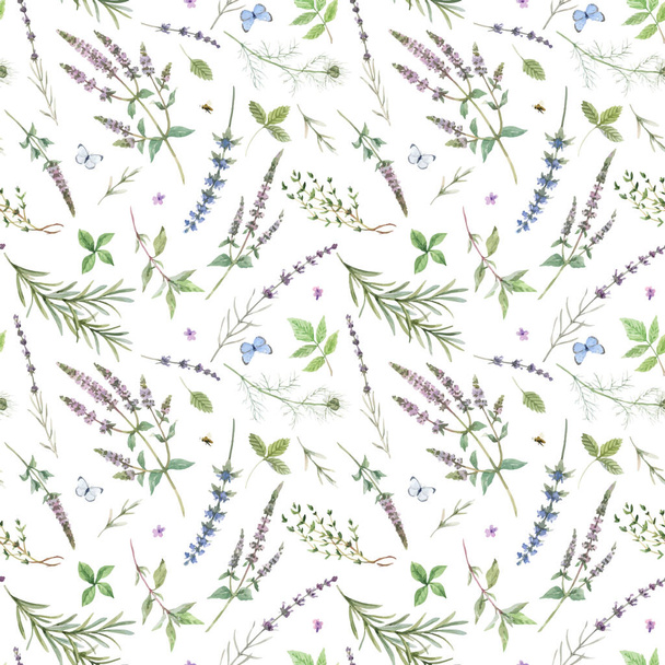 Beautiful seamless floral pattern with hand drawn watercolor gentle mint flowers and other herbs. Stock illuistration. Autotraced vector. - Vector, Imagen