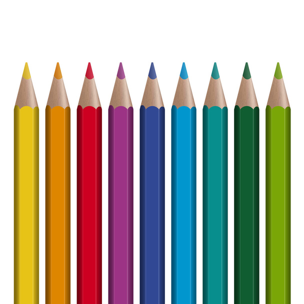 9 colored pencils in a row - Vector, Image