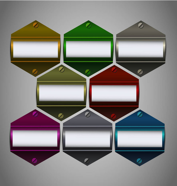 διανυσματικά πολύχρωμα αυτοκόλλητα μεταλλικά συλλογή με μπλοκ κενό κείμενο - Διάνυσμα, εικόνα