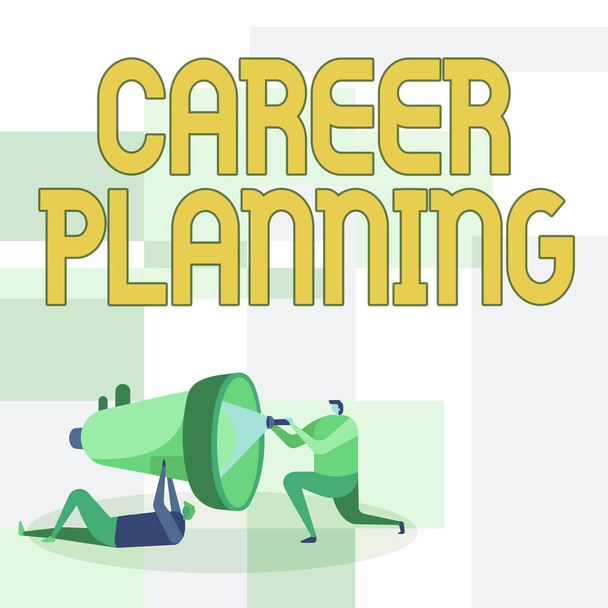 Text caption presenting Career Planning. Business approach A list of goals and the actions you can take to achieve them Workers Drawing Helping One Other With Flashlight To Fix Megaphone. - Photo, Image