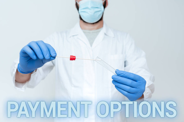 Conceptual display Payment Options. Business idea The way of chosen to compensate the seller of a service Doctor Explaining Laboratory Test Result, Nurse Gather Specimen For Testing - Photo, Image