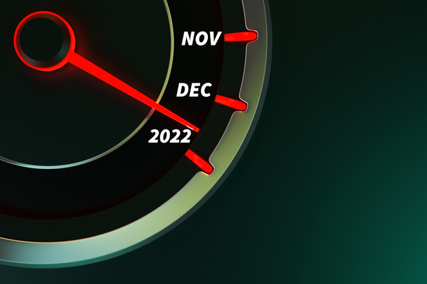 3D-Illustration Nahaufnahme schwarzer Tacho mit Abschnitten 2021.2022 und Kalendermonaten. Das Konzept für das neue Jahr und Weihnachten in der Automobilbranche. Monate zählen, Zeit bis zum neuen Jahr - Foto, Bild