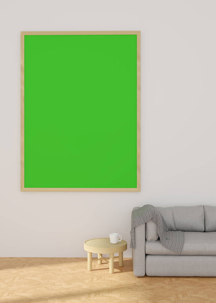 3Dレンダリング白い壁とグレーのソファと小さな木製のテーブル上の製品広告のための大きなフレームディスプレイ緑の画面. - 写真・画像