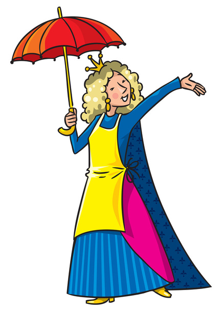 Happy singing woman in crown with umbrella and apron - Vector, Image