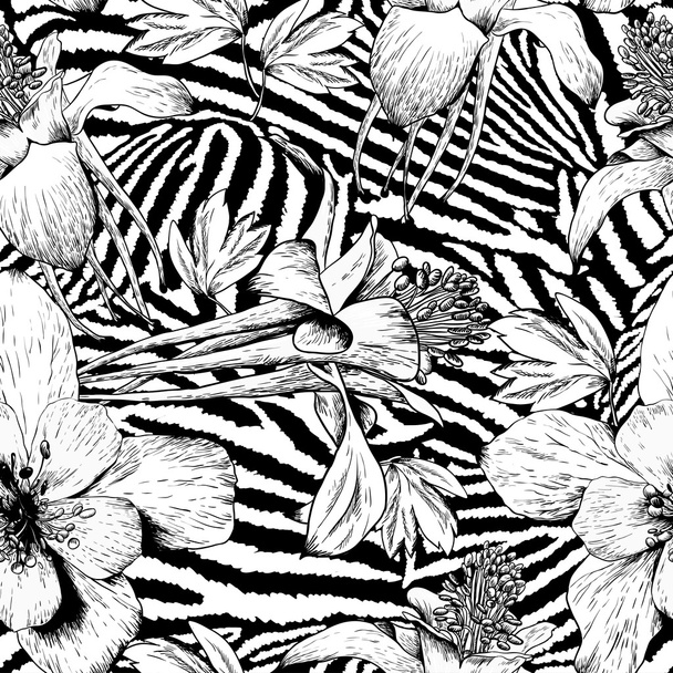monochroom naadloze vintage bloemenpatroon - Vector, afbeelding