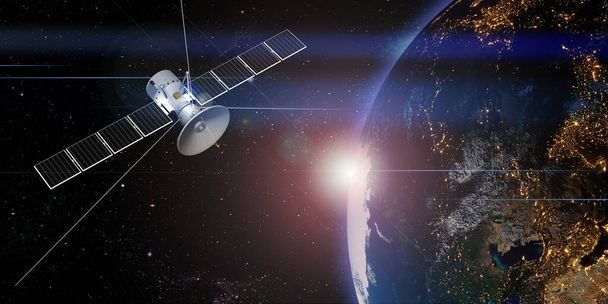 Satellite de communication flottant dans l'espace avec un globe en arrière-plan transmettant par satellite illustration 3D - Photo, image