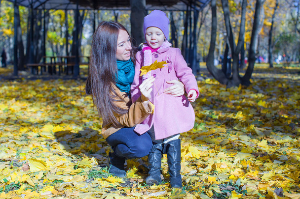 Πορτρέτο του χαριτωμένο κορίτσι και ευτυχισμένη μητέρα στο κίτρινο Φθινοπωρινό πάρκο - Φωτογραφία, εικόνα