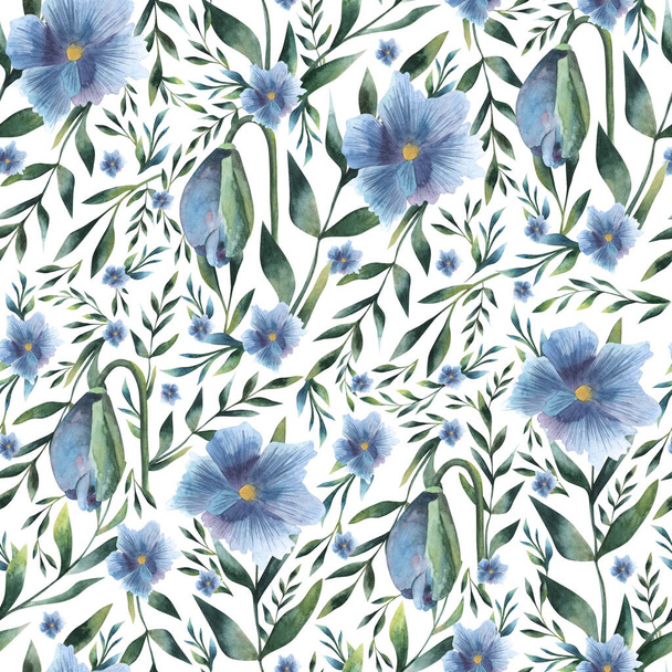 Blue poppy floral green leaves seamless watercolor pattern - Фото, зображення