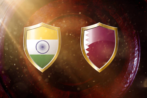 Індія і прапор Катару в золотому щиті на мідній текстурі background 3d ілюстрація. - Фото, зображення
