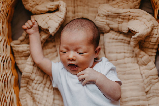 portrait of a cute newborn baby who just woke up, bubbling and stretching - Фото, зображення